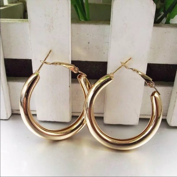 𝅺new Gold Plated Large Chunky Tube Hoop Earrings - Picture 7 of 11